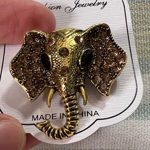 3/$18 Fashion Jewelry Gold Elephant Brooch with Champagne Rhinestones Lot 6007